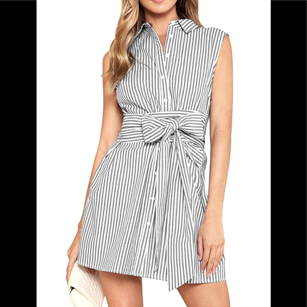 Striped gray Belted short shirt dress Size L